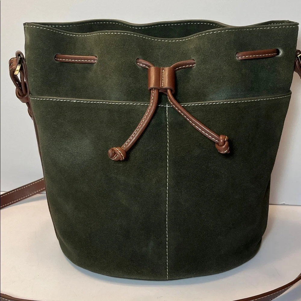 J. McLaughlin Ariana Green Suede Bucket Bag, brown leather trim - Picture 3 of 7